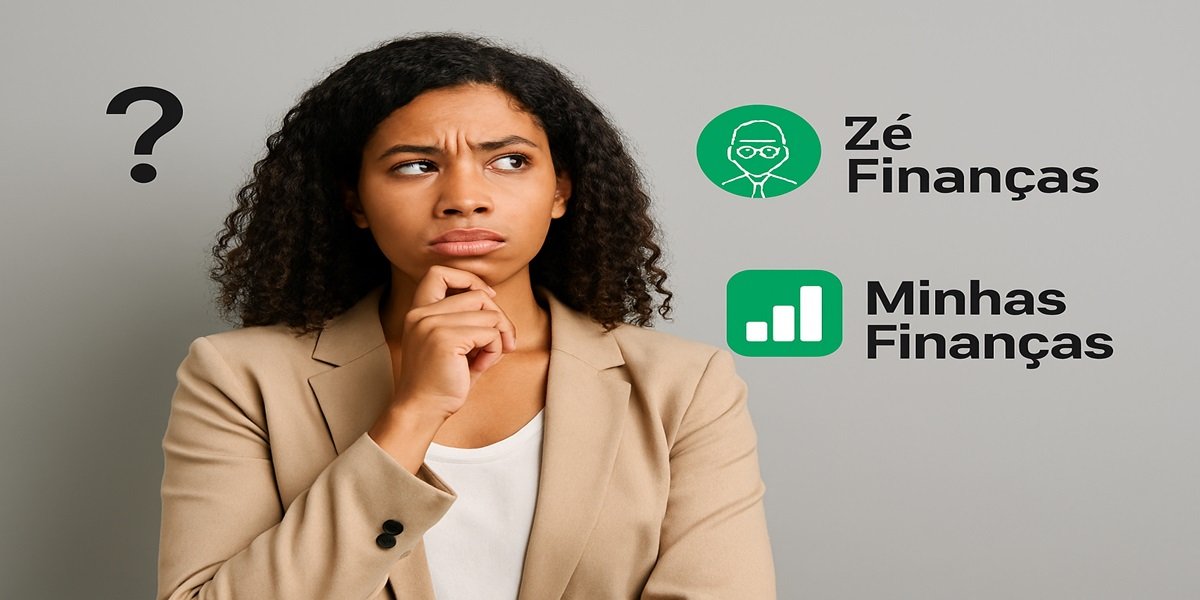 Mulher jovem com expressão pensativa, analisando opções de assistentes financeiros digitais