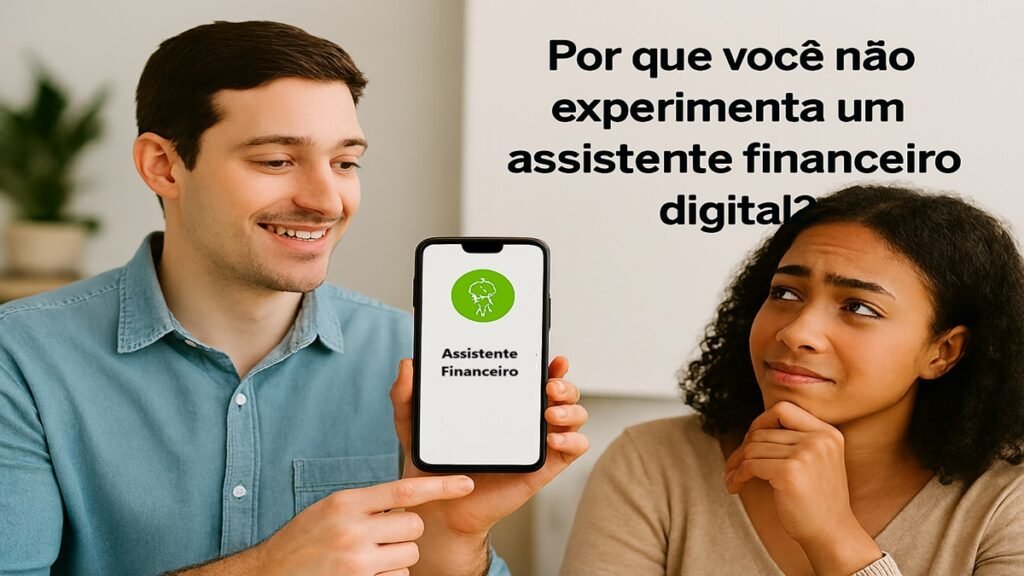 Homem mostrando aplicativo de assistente financeiro para mulher interessada