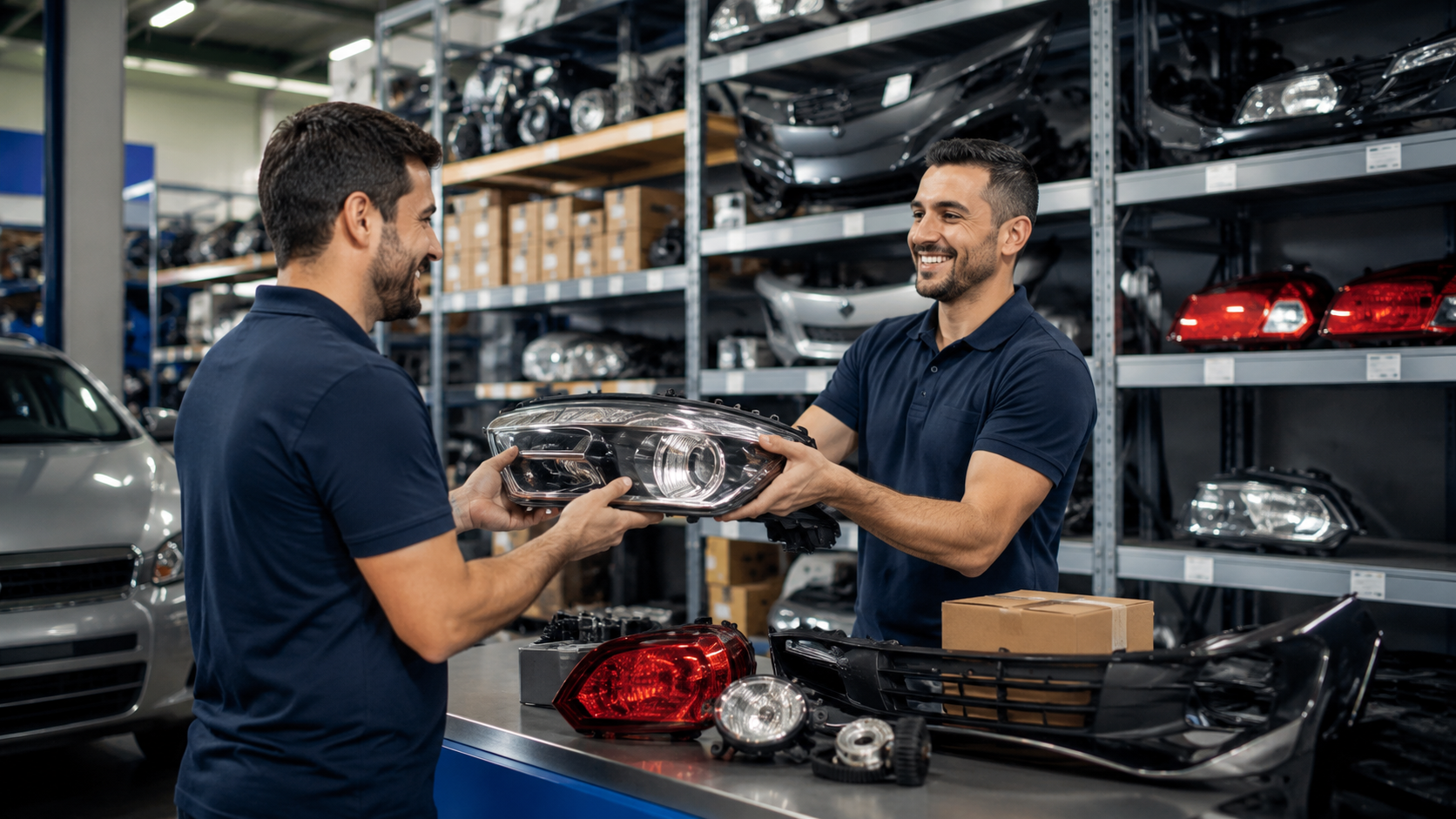 "Profissionais em distribuidora de peças automotivas realizando atendimento ao cliente em um estoque organizado, com componentes de lataria e iluminação automotiva, destacando excelência em serviço e qualidade no fornecimento de peças."